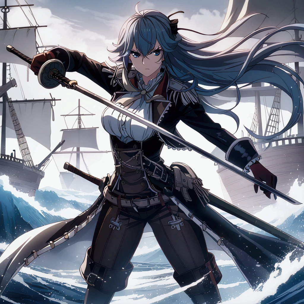 anime girl with sword, kantai collection style, kancolle, female action anime girl, konpeki no kantai,  from girls frontline, girls frontline cg, anime epic artwork, badass anime 8 k, one piece, wano style, Cutlass in hand, blue eyes, blue gray hair, pirate outfit, leather outfit, one piece style