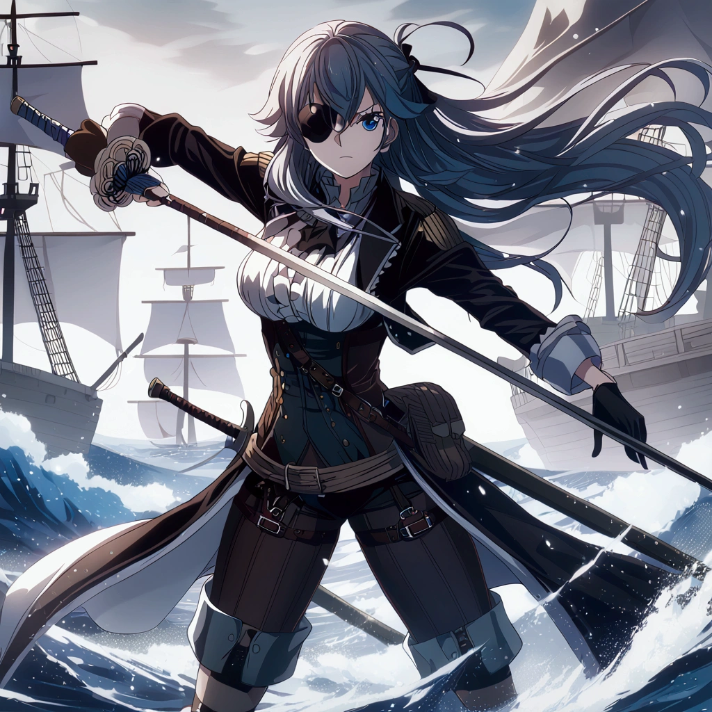 anime girl with sword, kantai collection style, kancolle, female action anime girl, konpeki no kantai,  from girls frontline, girls frontline cg, anime epic artwork, badass anime 8 k, one piece, wano style, Cutlass in hand, blue eyes, blue gray hair, pirate outfit, leather outfit, one piece style