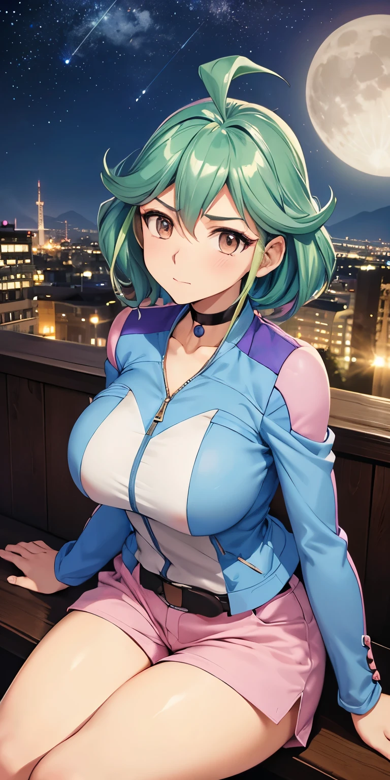 1 Female,High definition,high resolution,Ultra-realistic,8K, yu-gi-oh! arc-v, rin_arc_v, 1girl, solo, (large breasts, medium breasts:1.2), (wide hips:1.2), (blue jacket, long sleeves:1.2), (pink shorts, short shorts:1.3), black choker, barefoot, (cowboy shot:1.2), (wariza:1.2),European,sexy,Upper body close-up,Photographed from the front,Dynamic Angles,private teacher,blush, medium tits ,outdoors, moonlight, dark sky, buildings,full body,4k, ultra high definition, perfect face, detailed face , (isometric profile view), sitting ,(pov, closed shot:1.2) ,thinking 