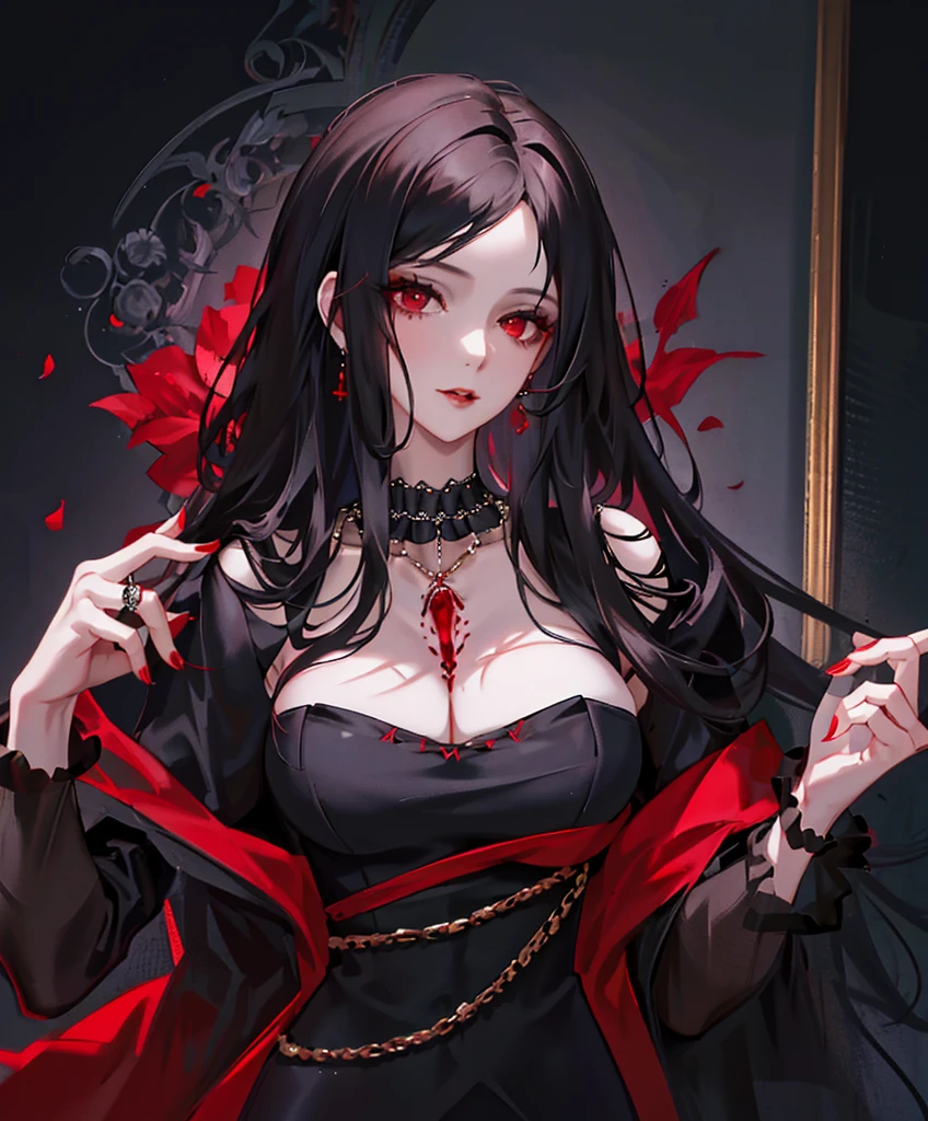 Realistic Portrait, Elegant mature woman (1 female), with red eyes, black hair, long hair, ruby amulet, focus on face, close up shot, cleavage, gothic black dress, only upper body, up to waist, soft light, high detail, 4k resolution, high quality, beautiful CG