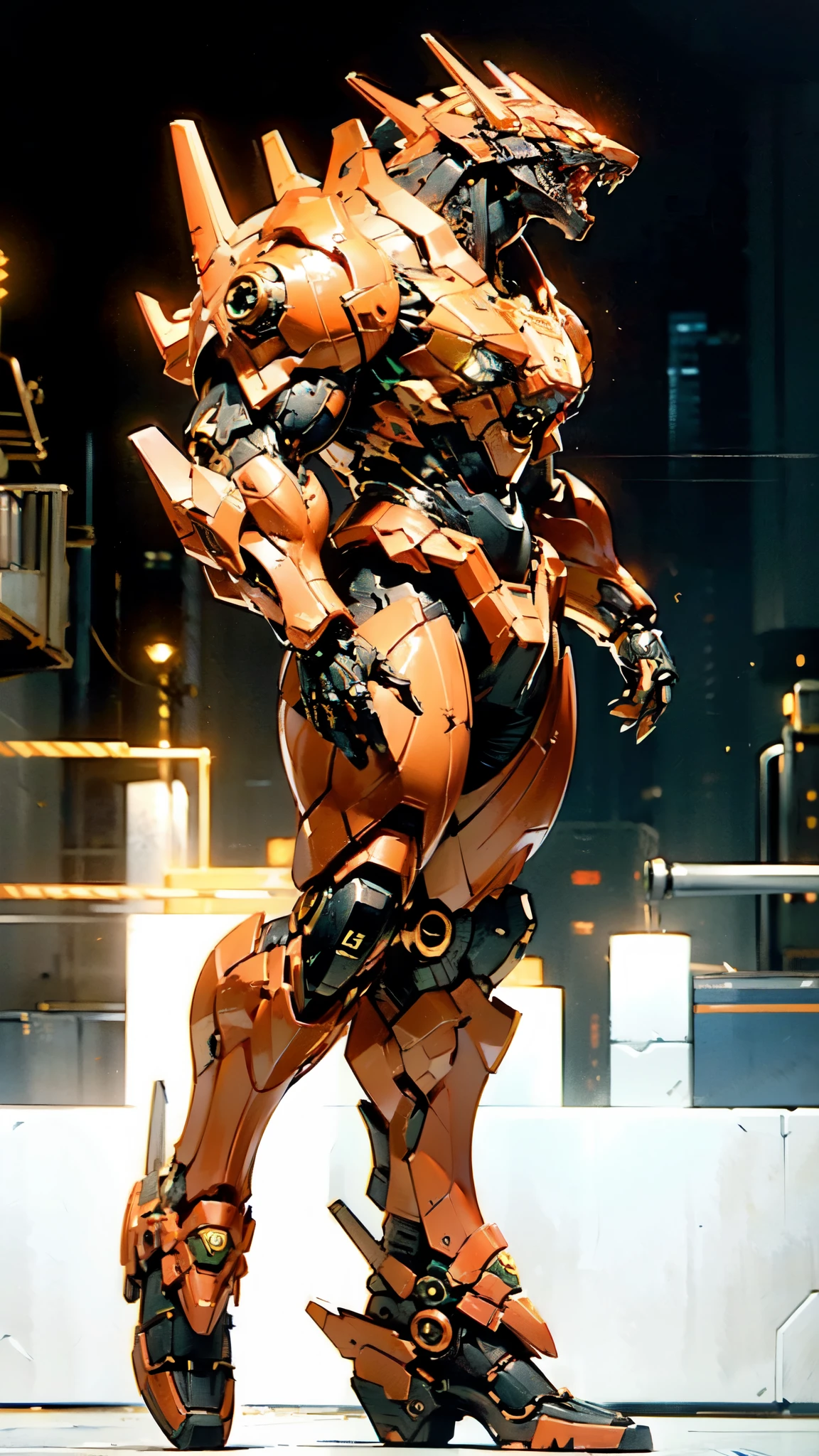 (masterpiece:1.5, best quality:1.5, extremely delicate:1.5, dynamic angle:1.5), ((male:1.5)), Biomimetic humanoid Mecha, green eyes, fully enclosed shoulder guards, matching arm and leg guards, gemstone, full body, full armor, the design balances heavy with agility, organic biotech armor, (the color scheme is primarily Golden and Red with Black and White accents, concept Inspired by Godzilla, glowing eyes, the armor glows), standing, floating high above the futuristic sci-fi city, a finely crafted Super robot in anime style, exquisite and mature art style, metallic, dramatic, high definition, highres, ultra-detailed, ultra-fine painting, professional, anatomically correct, symmetrical face, extremely detailed eyes and face, high quality eyes, creativity, RAW photo, UHD, 32k, Natural light, cinematic lighting, (masterpiece-anatomy-perfect:1.2)