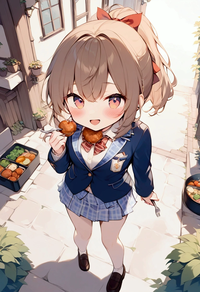 (masterpiece),( best quality ),   staring at viewers ,   red ribbon only around the neck ,  female   , cute,Brown Hair,  ponytail, eats meatballs from the bento ,   short skirt with a light blue gingham check,  brown loafers ,  embarrassed expression, Open Mouth Smile   , cuteお弁当を膝の上に乗せている,  { seen from above |  Medium Shot },  she has a fork in her right hand , she has a fork in her right hand  ,  (Wavy Hair:0.8),{whole body| cowboy shot}, {indoor| outdoor }, whole bodyを描いて, {中庭で| midday meal in the courtyard }, {cuteお弁当|Colorful}, {  navy blue blazer  |happiness}, Amazingly slim,   detailed background, Light tones, whole body, （The charm of youth）