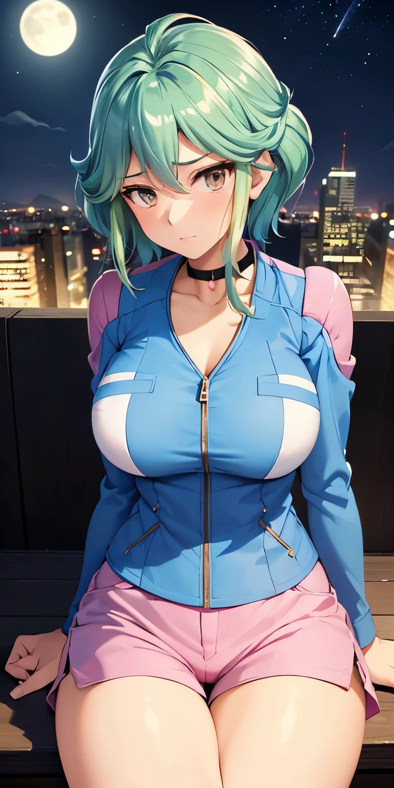 1 Female,High definition,high resolution,Ultra-realistic,8K, yu-gi-oh! arc-v, rin_arc_v, 1girl, solo, (large breasts, medium breasts:1.2), (wide hips:1.2), (blue jacket, long sleeves:1.2), (pink shorts, short shorts:1.3), black choker, barefoot, (cowboy shot:1.2), (wariza:1.2),European,sexy,Upper body close-up,Photographed from the front,Dynamic Angles,private teacher,blush, medium tits ,outdoors, moonlight, dark sky, buildings,full body,4k, ultra high definition, perfect face, detailed face , (isometric profile view), sitting ,(pov, closed shot:1.2), cameltoe ,pink lace panties, thinking 