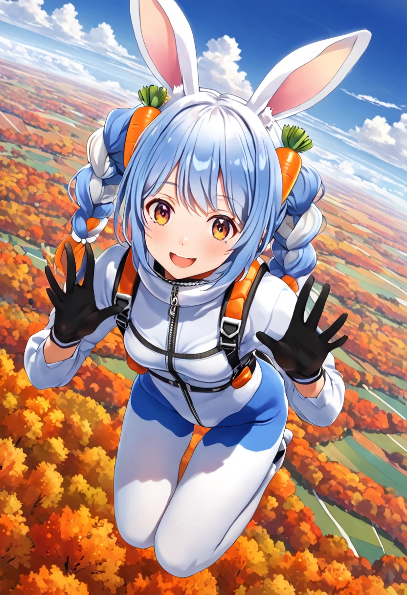 Woman skydiving, Used Pekora,sky, horizon ,Autumn ground, pekochan_nml,1girl,animal ears,long hair,rabbit ears,gloves,pantyhose,carrot hair ornament,blue hair,hair ornament,food-themed hair ornament,twin braids,animal ear fluff,black gloves,braid,white hair