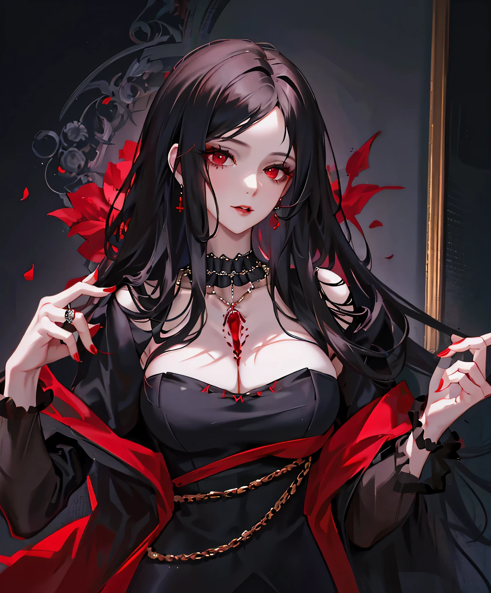 Realistic Portrait, Elegant mature woman (1 female), with red eyes, black hair, long hair, ruby amulet, focus on face, close up shot, cleavage, gothic black dress, only upper body, up to waist, soft light, high detail, 4k resolution, high quality, beautiful CG