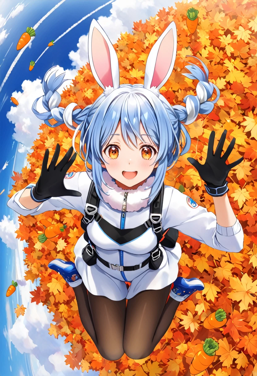 Woman skydiving, Used Pekora,  spread out your whole body to catch the wind,sky, horizon ,Autumn ground, Pekochan _nml,1girl,animal ears,long hair,rabbit ears,gloves,pantyhose,carrot hair ornament,blue hair,hair ornament,food-themed hair ornament,twin braids,animal ear fluff,black gloves,braid,white hair