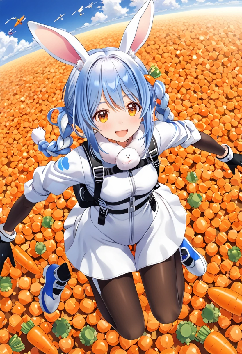 Woman skydiving, Used Pekora,  spread out your whole body to catch the wind,sky, horizon ,Autumn ground, Pekochan _nml,1girl,animal ears,long hair,rabbit ears,gloves,pantyhose,carrot hair ornament,blue hair,hair ornament,food-themed hair ornament,twin braids,animal ear fluff,black gloves,braid,white hair