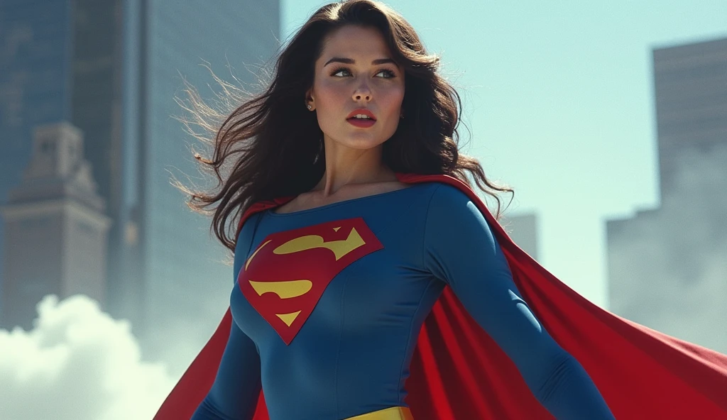 (((very beautiful old Supergirl (((1980s costume))) Julie Hagerty(((dark-haired, large-breasted woman in her 50s)))) Super woman Julie Hagerty; confident, powerful, indestructible, attractive; big and firm chest; strong breasts; saindo de uma cabine telefônica e decolando para o céu.