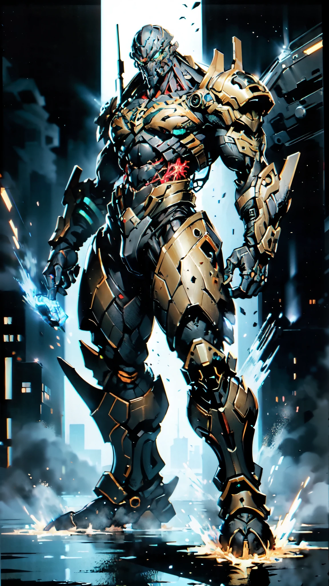 (masterpiece:1.5, best quality:1.5, extremely delicate:1.5, dynamic angle:1.5), ((male:1.5)), Biomimetic humanoid Mecha, green eyes, fully enclosed shoulder guards, matching arm and leg guards, gemstone, full body, full armor, the design balances heavy with agility, organic biotech armor, (the color scheme is primarily Golden and Red with Black and White accents, concept Inspired by Godzilla, glowing eyes, the armor glows), standing, floating high above the futuristic sci-fi city, a finely crafted Super robot in anime style, exquisite and mature art style, metallic, dramatic, high definition, highres, ultra-detailed, ultra-fine painting, professional, anatomically correct, symmetrical face, extremely detailed eyes and face, high quality eyes, creativity, RAW photo, UHD, 32k, Natural light, cinematic lighting, (masterpiece-anatomy-perfect:1.2)