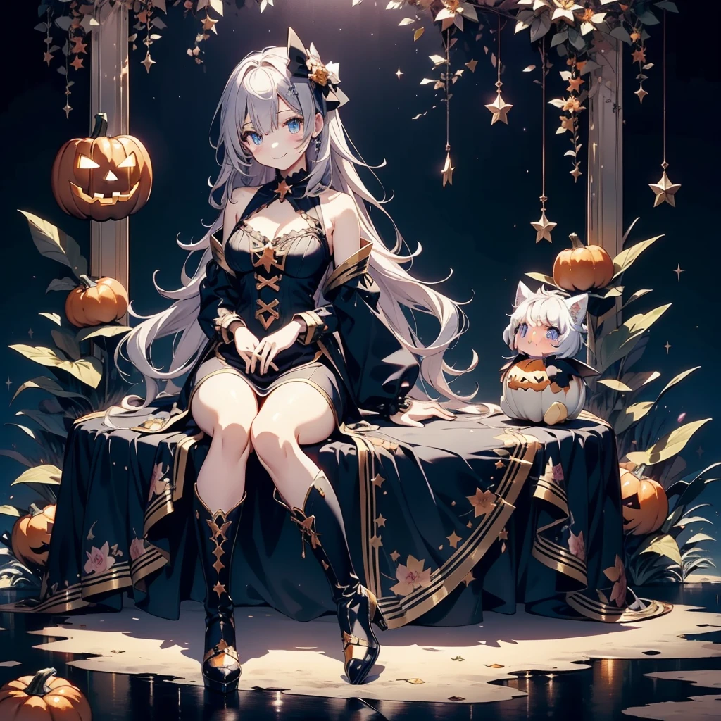 Chibi、cutestarの妖精、cute、（ beautiful eyes、Detailed eyes）、（ Best Details 、The best configuration、 perfect anatomy）、Full body front、Front、 facing the viewer、One Girl, best quality 、masterpiece、official art、Super detailed、 so beautiful、Pumpkin Fairy、Gray Hair、 straight long hair、milky way、Universe、star charm、star、baby face、 long boots for stepping on bread, magic circle、houndstooth、smile、Magenta Neon Light、Hope and expectation、 trick or treat、 Halloween 、🎃、 Halloween の衣装、 Orange and Black Goth Outfit 、star、流star群、universe、 neon light enhances cuteness、dynamic、I'm sitting on a magic cane、sitting on the crescent moon