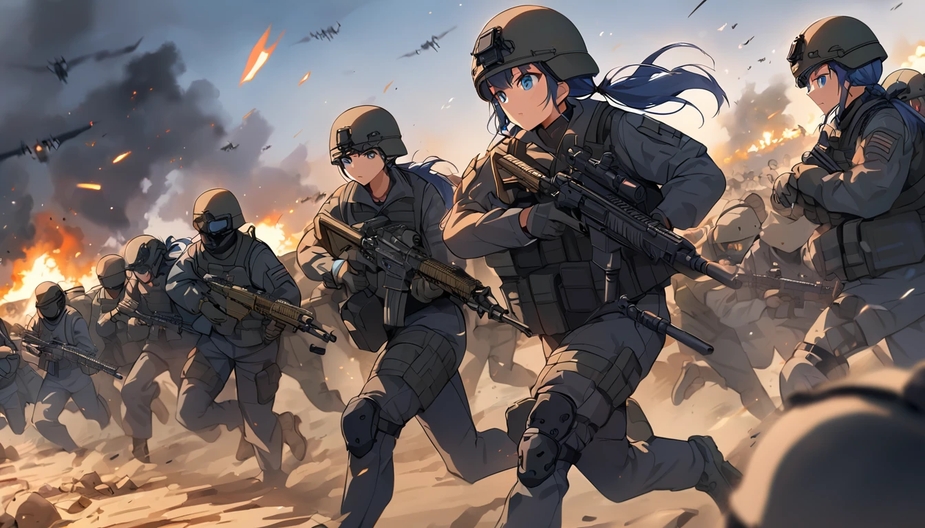 ghost (modern warfare 2), military, black uniform, soldier, 1girl, 6+others, war, paris, tanks, night sky, warzone, marinette dupain-cheng, teenage, low twintails, dark blue hair, blue heaven eyes, ballistic vest, dark vest, m4 carbine, blood, gloves, military gloves, running, helmet, black tactical helmet, pvs31 night vision, Hunting Military G3 Pants Combat Gen3 Pants with Knee Pad, Navy blue hair, Heaven blue eyes, ghost costume,