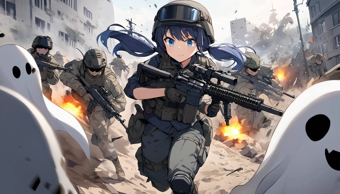 ghost (modern warfare 2), military, black uniform, soldier, 1girl, 6+others, war, paris, tanks, night sky, warzone, marinette dupain-cheng, teenage, low twintails, dark blue hair, blue heaven eyes, ballistic vest, dark vest, m4 carbine, blood, gloves, military gloves, running, helmet, black tactical helmet, pvs31 night vision, Hunting Military G3 Pants Combat Gen3 Pants with Knee Pad, Navy blue hair, Heaven blue eyes, ghost costume,