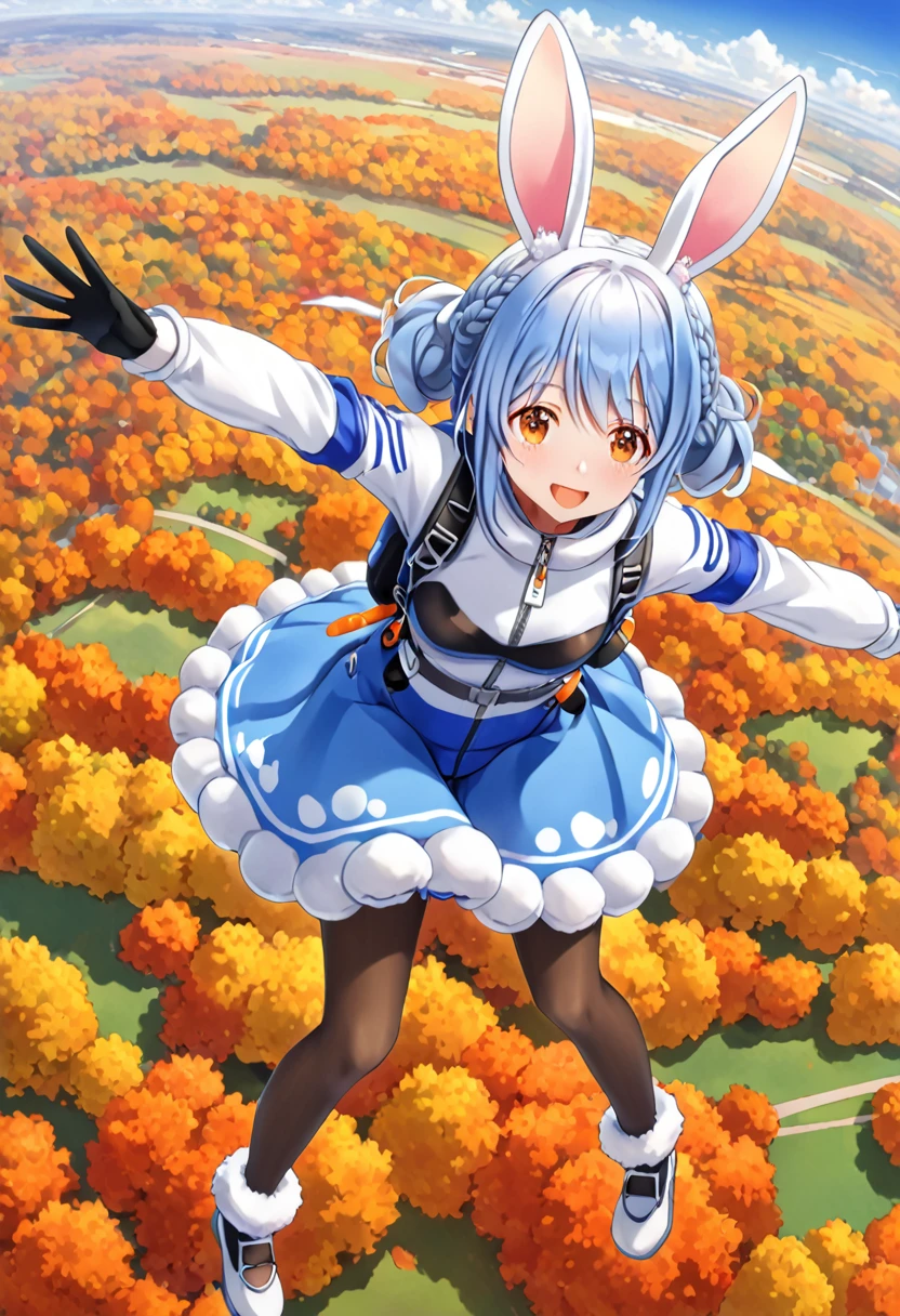 Woman skydiving pose, Used Pekora, Extend your hands and legs and fall from above,sky, horizon ,Autumn ground, Pekochan _nml,1girl,animal ears,long hair,rabbit ears,gloves,pantyhose,carrot hair ornament,blue hair,hair ornament,food-themed hair ornament,twin braids,animal ear fluff,black gloves,braid,white hair