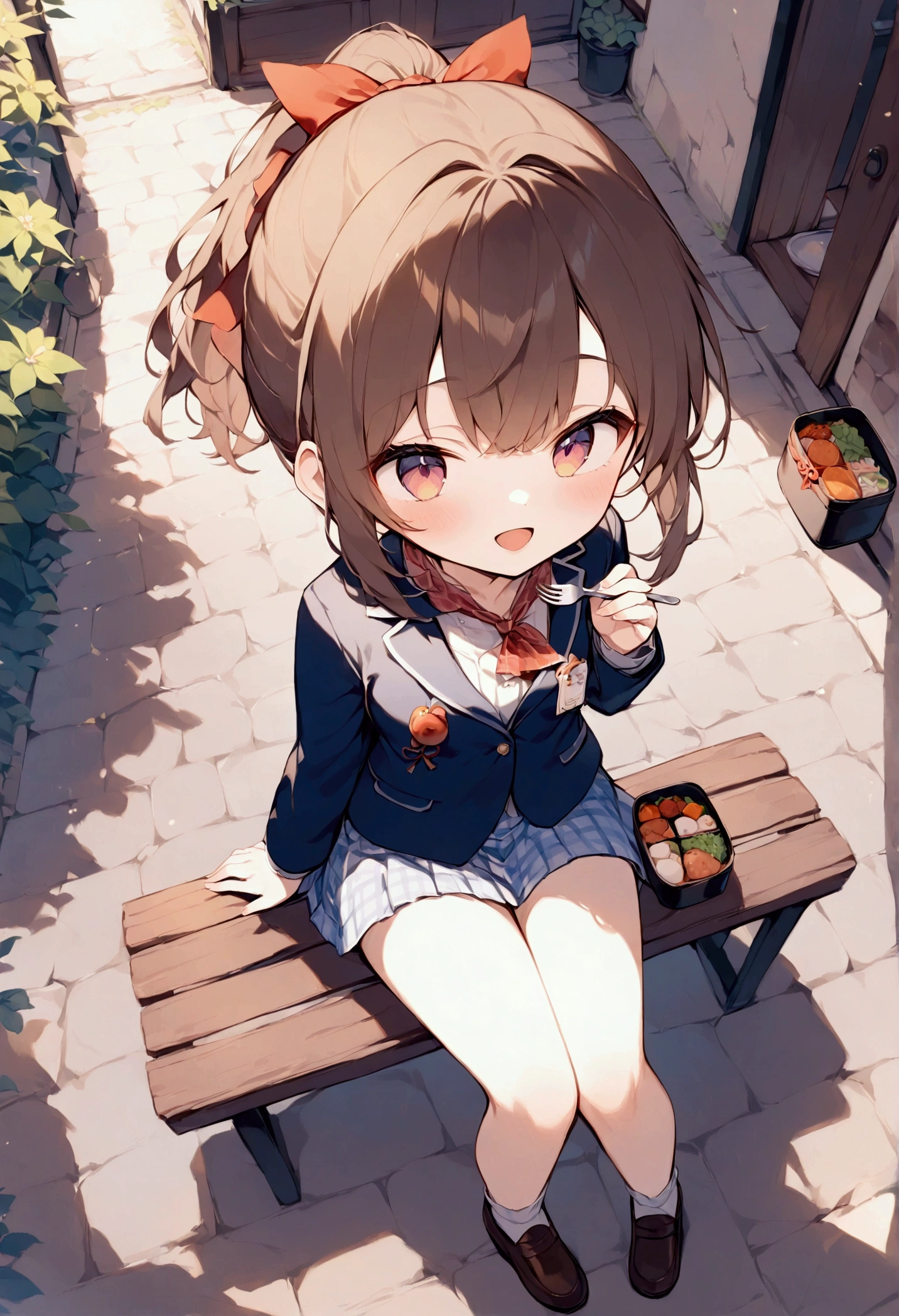 (masterpiece),( best quality ),   staring at viewers ,   red ribbon only around the neck ,  female middle school student  , cute,Brown Hair,  ponytail, eats meatballs from the bento ,   light blue gingham check short skirt in the courtyard ,  brown loafers ,  embarrassed expression, Open Mouth Smile   ,  sitting on a bench in the courtyard ,  with a handkerchief on his lap, cuteお弁当を膝の上に乗せている,  { seen from above |  Medium Shot },  she has a fork in her right hand , bento meatballs stuck in the fork ,  (Wavy Hair:0.8),{whole body| cowboy shot}, {indoor| outdoor }, whole bodyを描いて, {中庭で| midday meal in the courtyard }, {cuteお弁当|Colorful}, {  navy blue blazer  |happiness}, Amazingly slim,   detailed background, Light tones, whole body, （The charm of youth）