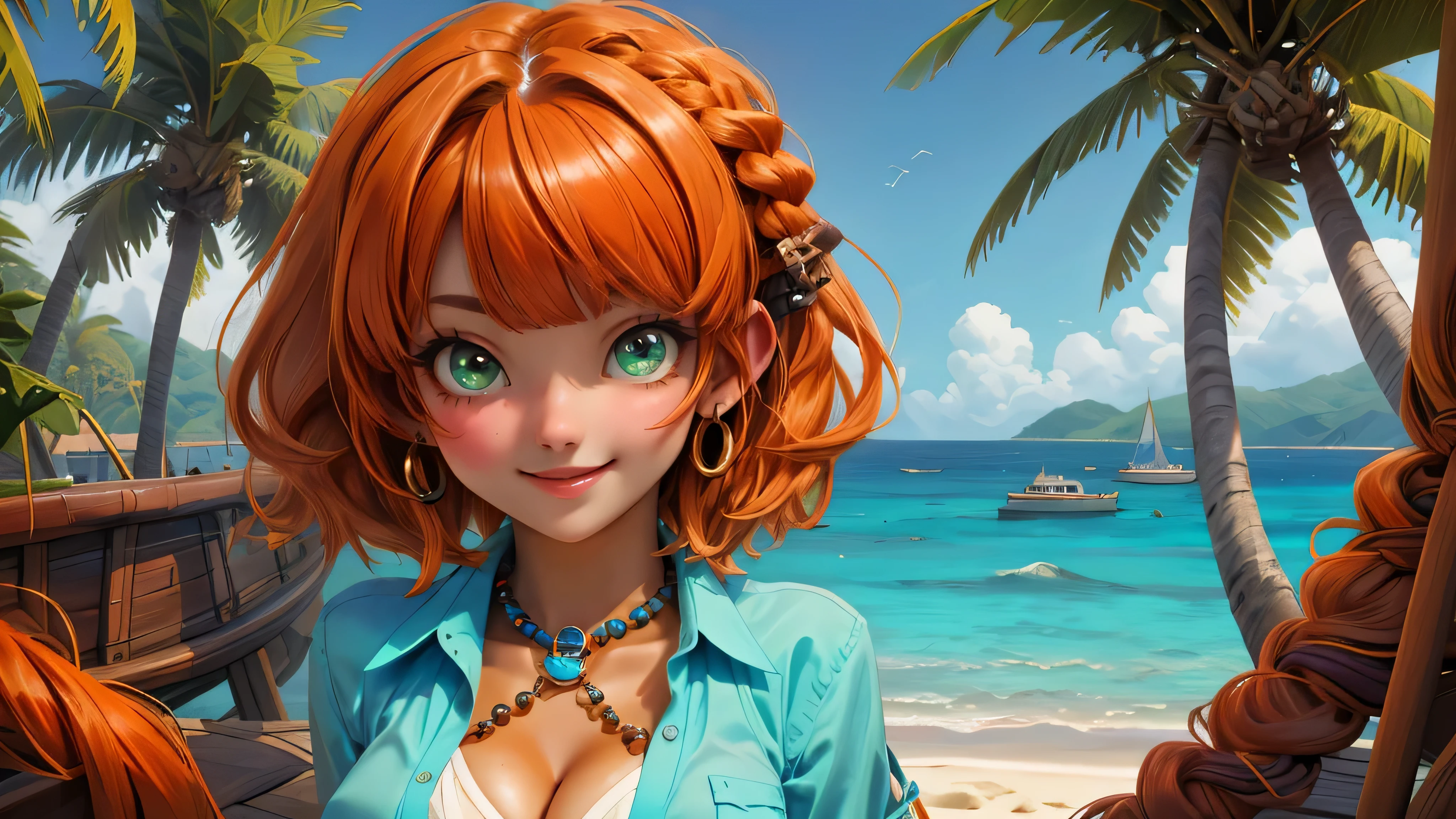 ((Only 1 girl, solo, 1girl, single girl)), (Loli), (young, yr), masterpiece, newest, absurdres, highly detailed, beautiful anime, lineart, realistic anime, realistic, extremely cute, ((very aesthetic, best quality, ultra detailed)), (perfect face, cute face, like face), petite, (pirate girl), (orange hair, braids, messy hair, short hair, bangs), (beads, jewelry), braids, skinny, smile, big green eyes, dark tan, small hips, perky breasts, breast squeeze, blue open shirt, pointy nipples, cleavage, background tropical island, Caribbean island, pirate dock, pirate ship,