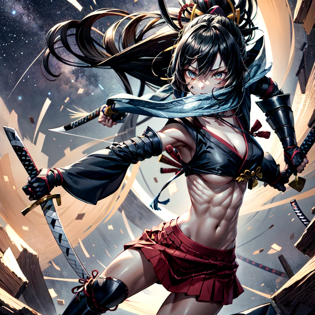 One girl, samurai,Japanese swords,Composition showing the whole Japanese sword  ,anime, Anatomically correct, A series of character actions, ponytail, masterpiece, Textured skin, Action Painting, Heavy makeup, Brown Skin, Perfect Face, Perfect Eyes, very small breasts, Very thin legs, Trained abdominal muscles, chest armor, long skirt, alone, accurate, anatomically correct, Starry Sky, 