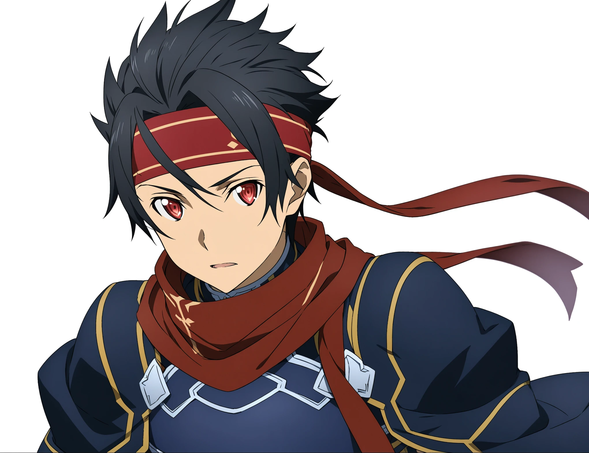 (high-quality, breathtaking),(expressive eyes, perfect face) 1boy, male, solo, portrait, Sword Art Online, Alicization, Symmetrical Eyes, simple background, fantasy outfit, SAO inspired, armor, chest plate, sword art online outfit, half body shot, black hair, red eyes, red headband bandana, spiky hair, scarf cape, spiked up hair, casual clothing, long shirt, jacket, 