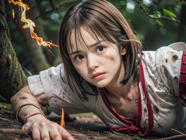 (Low angle shot of one slender small breasts round face brown short hair with bangs girl in a samurai silver armor:1.5)、(One girl is lying with her back behind on the wilderness land at the Sengoku period in Japan with crying dirty sperm splashed face:1.5)、(One girl has splashed sperm and blood on her face and body:1.5)、(One girl is tied wrist by rope:1.5)、(The big fire and burning trees on the wilderness land with red sky:1.5)、(blurred background:1.5)、(Natural light:1.5)、(8k ultra detailed master piece:1.5)、(perfect anatomy:1.5)、(Photorealistic stick:1.5)、(Raw photo:1.3)、(highest quality:1.5)、(High resolution:1.3)、(Delicate and beautiful perfect face:1.3)、(Delicate and beautiful eye air skin:1.3)、(Real Human Skin:1.3)、((thin legs))