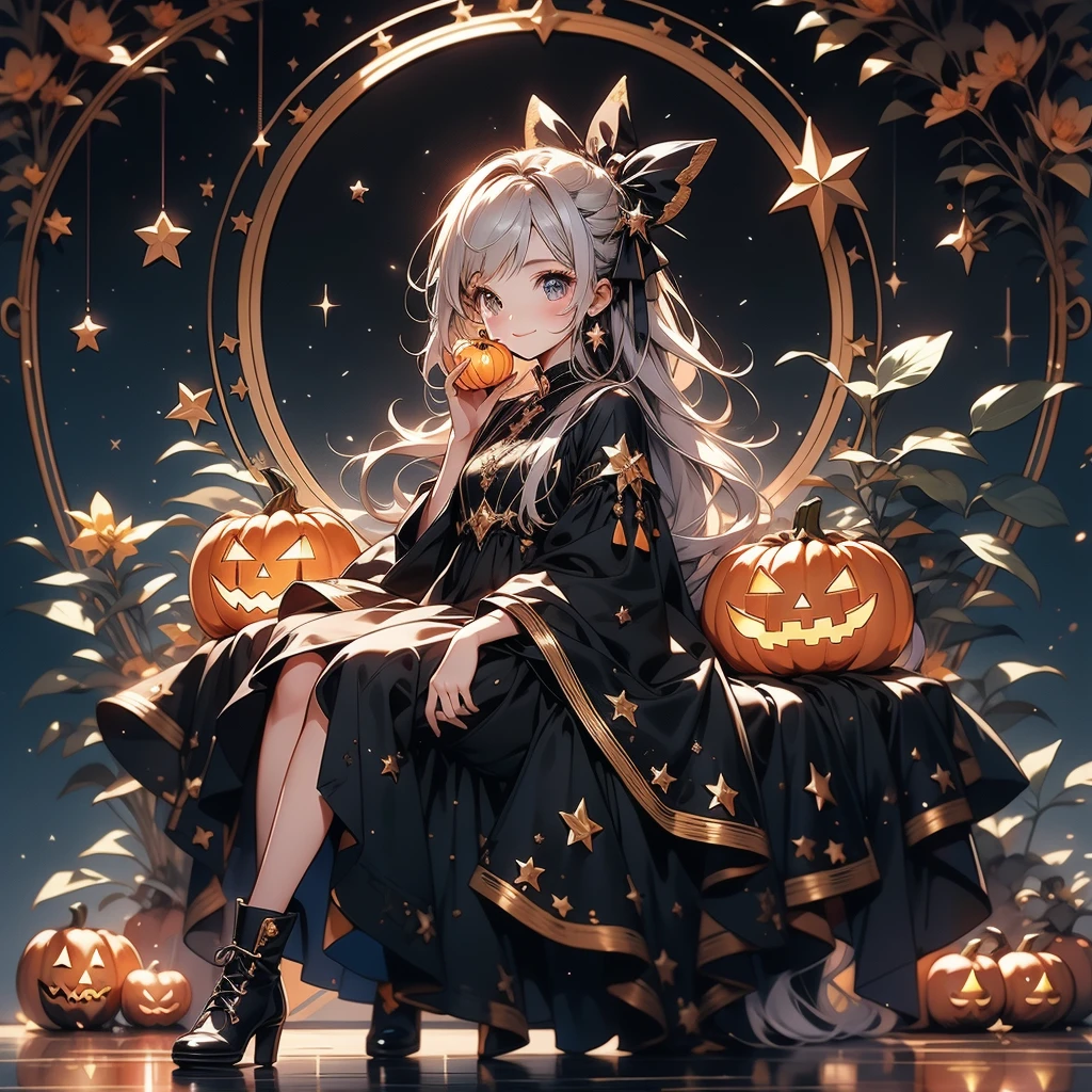 Chibi、cutestarの妖精、cute、（ beautiful eyes、Detailed eyes）、（ Best Details 、The best configuration、 perfect anatomy）、Full body front、Front、 facing the viewer、One Girl, best quality 、masterpiece、official art、Super detailed、 so beautiful、Pumpkin Fairy、Gray Hair、 straight long hair、milky way、Universe、star charm、star、baby face、 long boots for stepping on bread, magic circle、houndstooth、smile、Magenta Neon Light、Hope and expectation、 trick or treat、 Halloween 、🎃、 Halloween の衣装、 Orange and Black Goth Outfit 、star、流star群、universe、 neon light enhances cuteness、dynamic、I'm sitting on a magic cane、sitting on the crescent moon