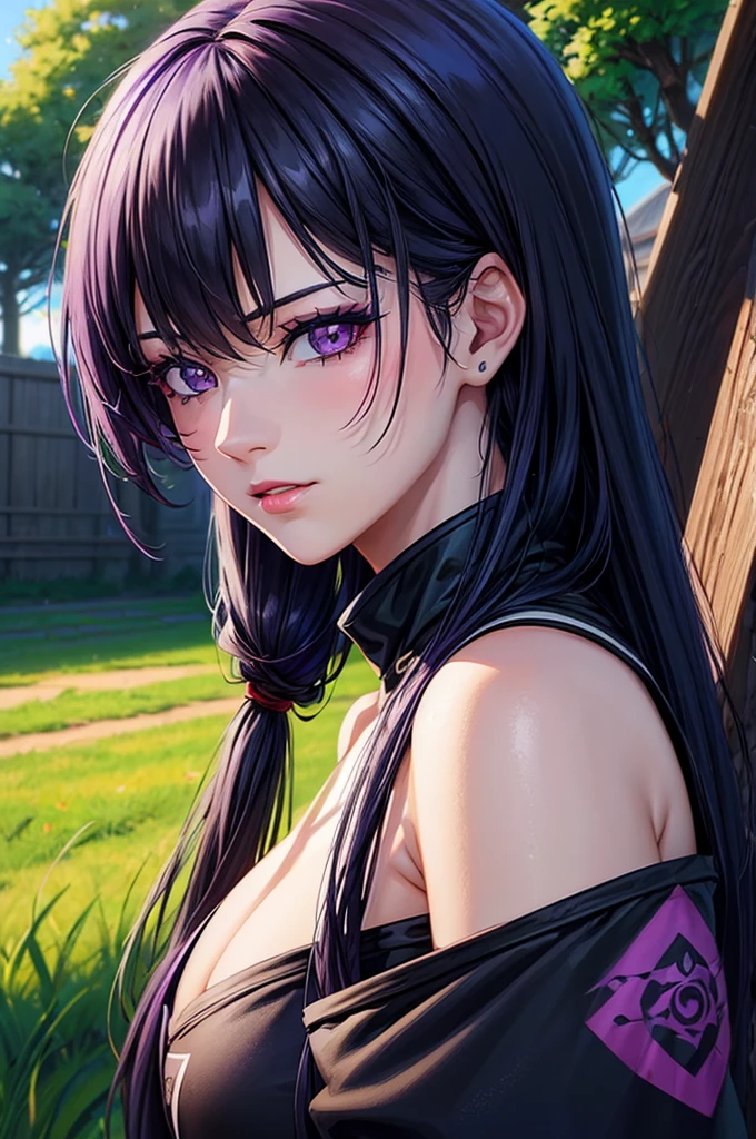 A girl with long black hair, purple eyes, painted lips, staring at the camera, wearing ninja clothing, open field in the afternoon, (best quality, 4k, high resolution, masterpiece:1.2), ultra-detailed, realistic, vibrant colors, vivid green grass, soft sunlight, dramatic shadows, dynamic pose, captivating expression, anime style, serene atmosphere