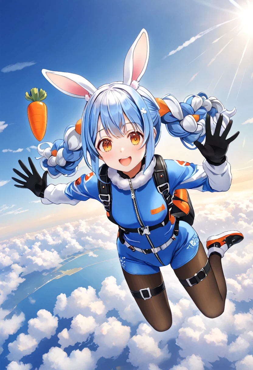 skydiving, Used Pekora,sky, horizon ,Autum, BREAK, Pekochan nml,1girl,animal ears,long hair,rabbit ears,gloves,pantyhose,carrot hair ornament,blue hair,hair ornament,food-themed hair ornament,twin braids,animal ear fluff,black gloves,braid,white hair