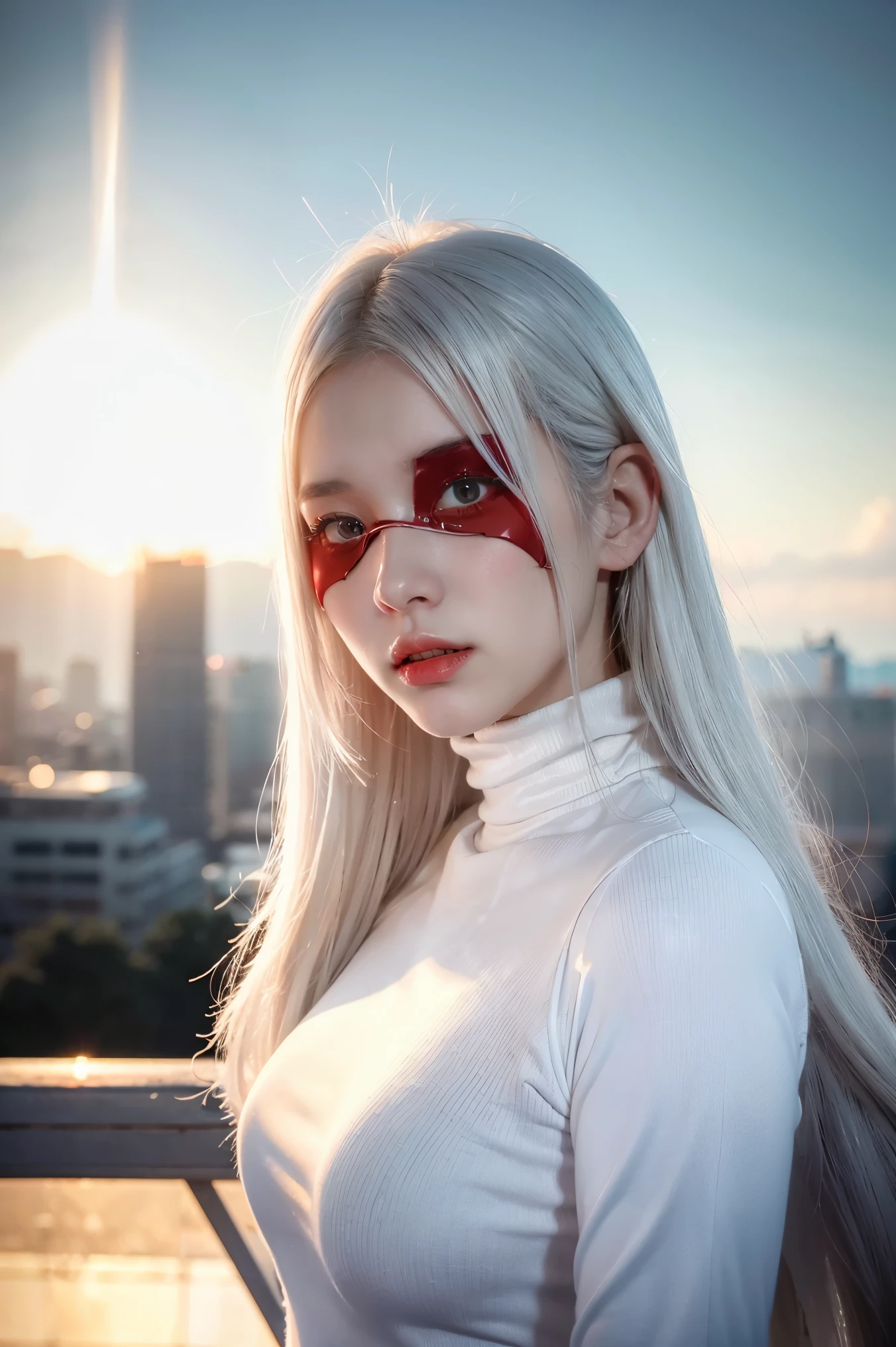 1girl, (solo), anime girl with long white hair and red eyes, girl with white hair, girl in white turtleneck, ((eyepatch)), pointed ears, ((vampire)), smirk, smug, closed mouth, cowboy shot, perfect white haired girl, white haired deity, digital cyberpunk anime art, turtleneck, lens flare, ((dramatic lighting)), soft glowing red eyes, extremely detailed, masterpiece, looking at viewer, city in background, (night)