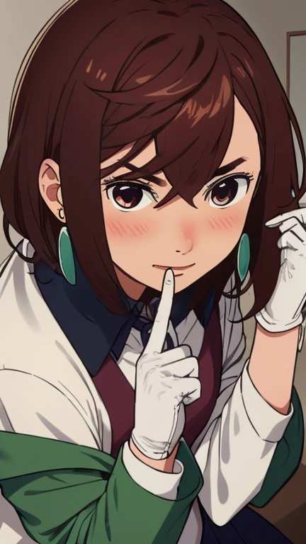 ( masterpiece ),  The best quality ,  Ultra detailed, 4k, 1girl, Alone, socks, hair necklace, black skirt, White shirt,  collared shirt , long sleeves, hairclip, green jacket, Dress shirt, smile,blush , bedroom,  close up of gloves ,
 girl,catalyst type, brown eyes costume,red eyes, brown hair ,earrings,medium hair white latex gloves,  white gloves , gesture of silence ,  finger in the mouth, gesture of silence ,  close up of gloves , Detailed gloves, finger in the mouth haciendo callar, Shhh, silencio, Close-up of hand, hands