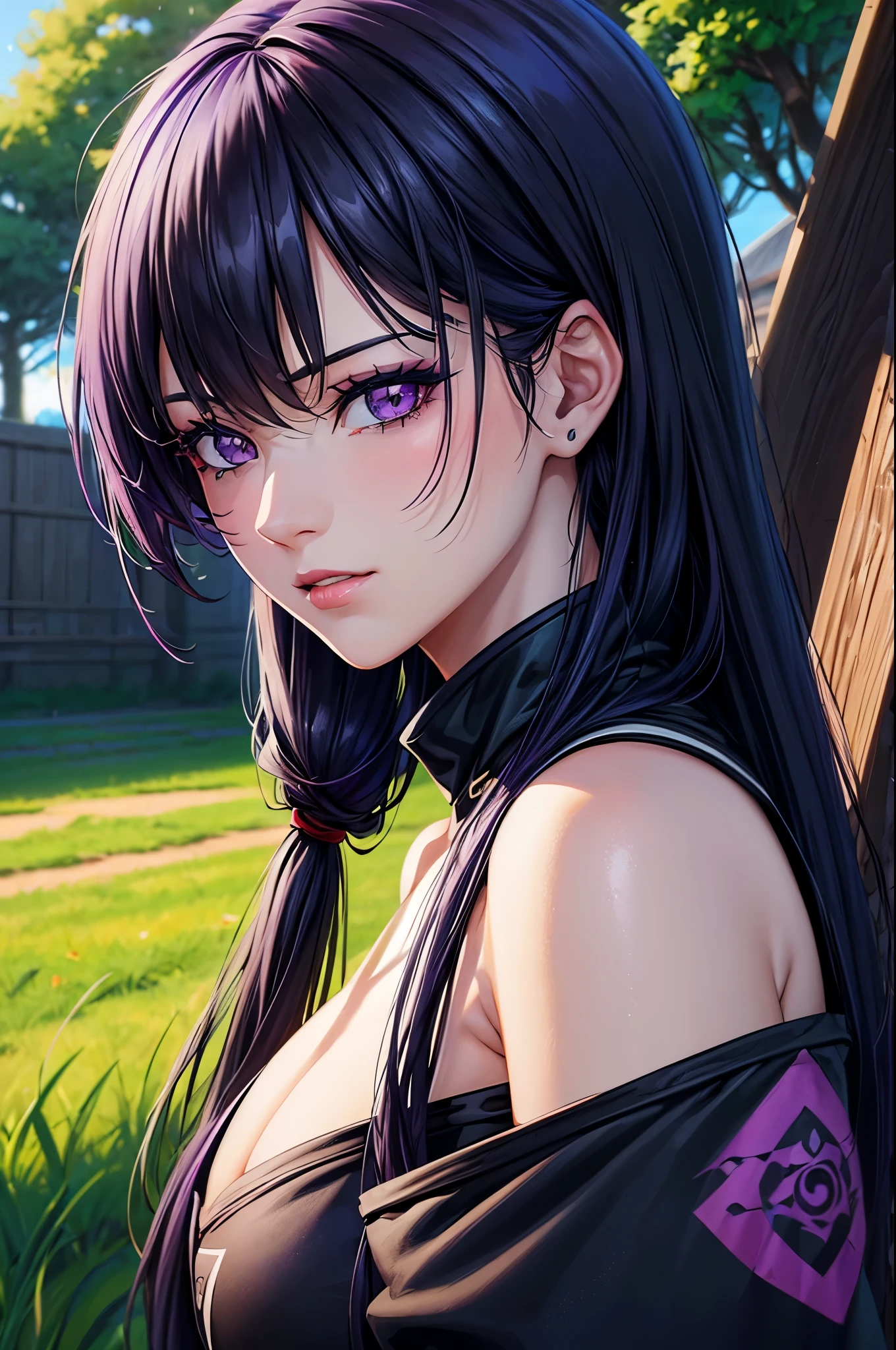 A girl with long black hair, purple eyes, painted lips, staring at the camera, wearing ninja clothing, open field in the afternoon, (best quality, 4k, high resolution, masterpiece:1.2), ultra-detailed, realistic, vibrant colors, vivid green grass, soft sunlight, dramatic shadows, dynamic pose, captivating expression, anime style, serene atmosphere