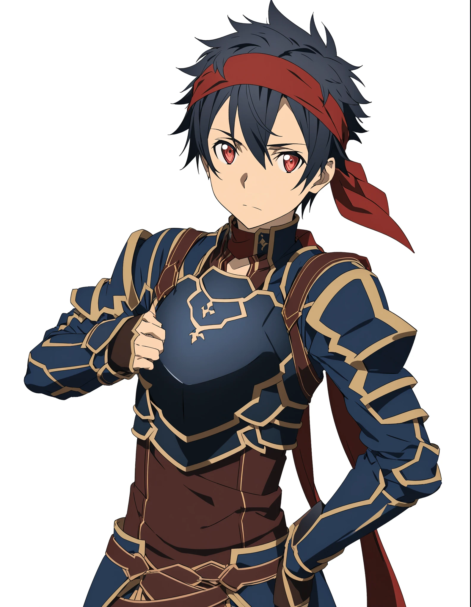 (high-quality, breathtaking),(expressive eyes, perfect face) 1boy, male, solo, portrait, Sword Art Online, Alicization, Symmetrical Eyes, simple background, fantasy outfit, SAO inspired, armor, chest plate, sword art online outfit, half body shot, black hair, red eyes, red headband bandana, spiky hair, scarf, spiked up hair
