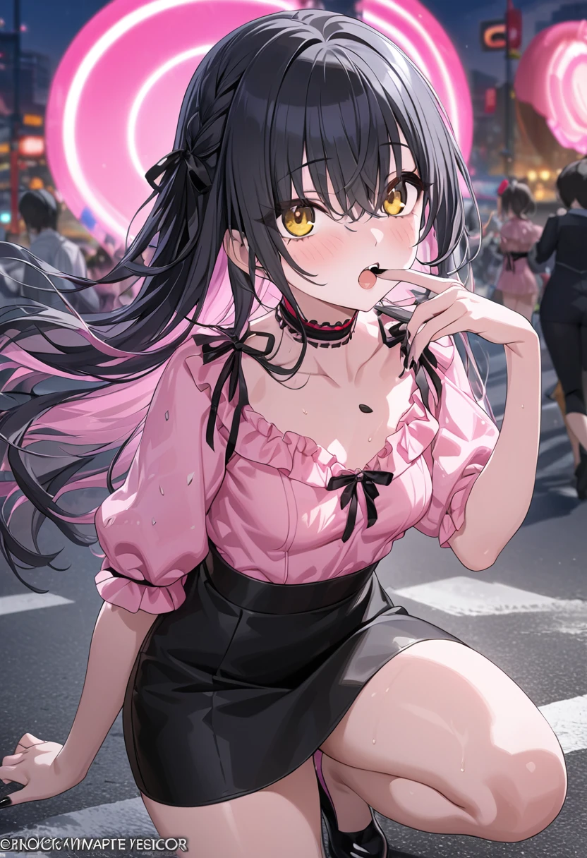 masterpiece,  best quality , Official Art, 8k wallpaper, almond eye 、（Long black hair、The inside of the hair is pink:1.6）、 hair fluttering in the wind、Golden Eyes,  textured skin,,Cheeky、Shiny hair texture、Soft thighs、( Jirai fashion in pink blouse and black miniskirt:1.22)、( Top Quality Masterpiece:1.4), Put your finger over your mouth、（Young woman, Age 19） holographic transparent hair, provocative face 、Double teeth、 (frills, race, raceリボン), Sitting standing on one knee ,( red choker with pink inside:1.2)、Small breasts、Black Nail Art、 perfect body,(Black ribbon on chest:1.2),  textured skin, Eyes visible through hair,Night light、On the road