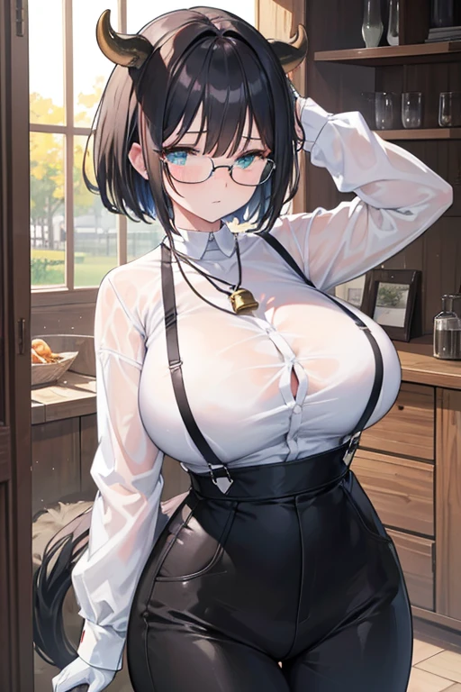 (masterpiece:1.2), best quality, ultra high res, beautiful detailed hair detailed face, perfect feminine face, beautiful detailed eyes, 8k,  Photorealistic, finely detailed beautiful eyes and detailed face cg, (bright colors), (anime), detailed face+eyes, break, a girl, front view, look at view, a girl, (under-rim glasses,wayfarer glasses),black short hair, green eyes, cow ears, cow horns, huge breast, big thighs, cow tail, sagging breasts、 Slender figure 、Small waist, break, (adjusting eyewear), light blush,clear face, (Half-closed eyes, thinking seriously,slant eyes), long tight blue overalls , Long trousers, shirt formal, (((White shirt))), (bell necklace), (short black gloves), In a farm, sweat, My shirt is wet and transparent