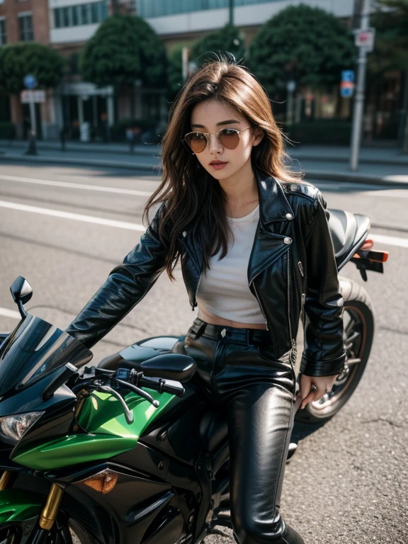 A beautiful woman, 24-year-old, (1girl, solo, 24yo), stunning, riding on a red Kawasaki Ninja ZX-6R 636 motorcycle, model Sport 2013. She's leaning forward with her chest on the tank, holding the handlebars and wearing (Rayban Aviator Sunglasses, leather jacket, black gloves, leather pants, black boots). Her dark medium wavy hair falls over her shoulders. The camera is a Sony RX100 VII with 32x digital zoom, F2.8-F4.5 lens, shooting in RAW format. The lighting is mystical, with realistic shadows accentuating the girl's natural features, including fine details like soft pores and defined eyebrows. Her eyes are bright green with narrow dark irises, gazing ahead at the road as if ready to ride off into the distance. (Medium shot), epiC35mm