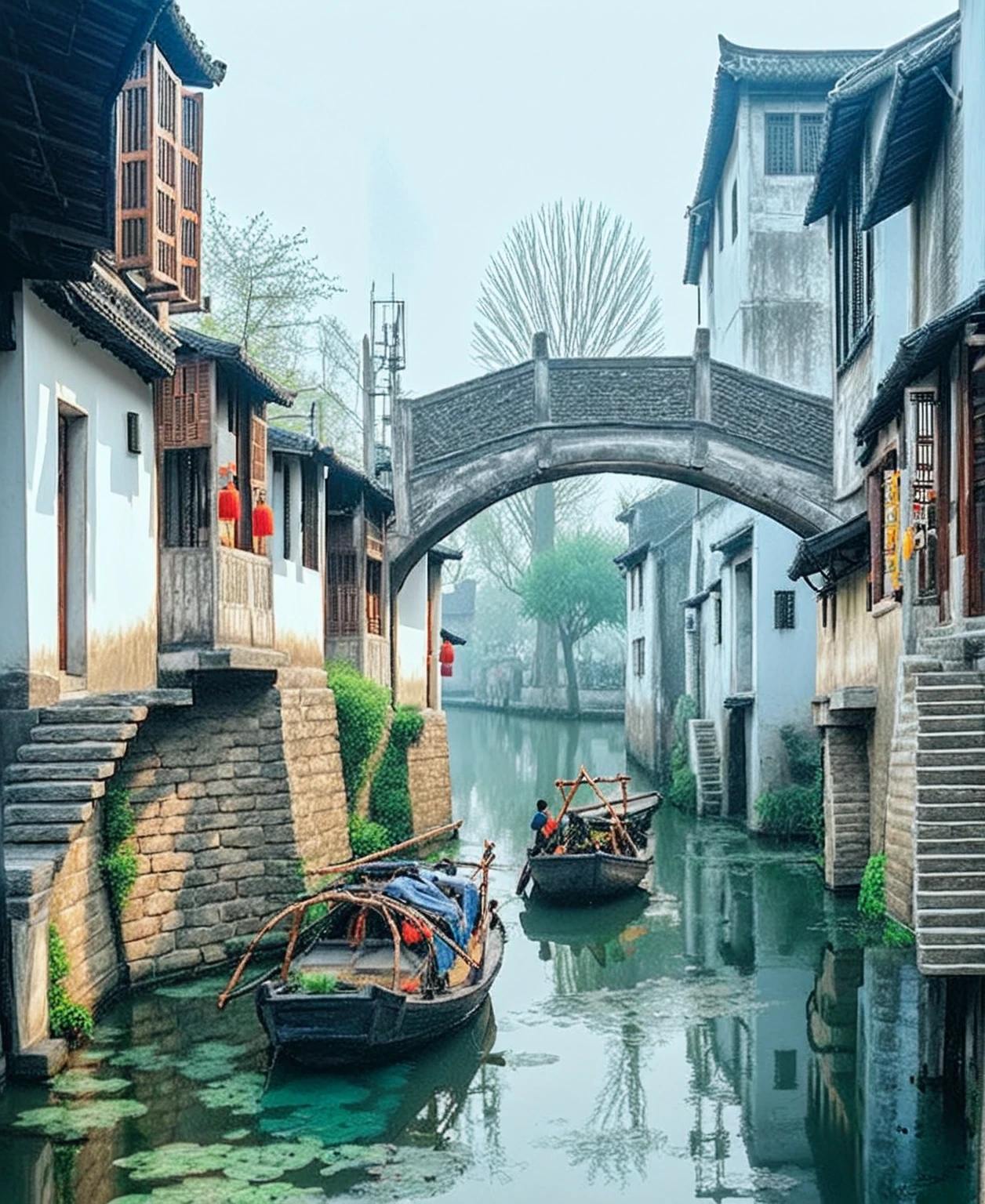 arafed canal with boats and buildings in a small town, zhouzhuang ancient town, dreamy chinese town, chinese village, beautiful image, ancient chinese architecture, by Li Zai, chinese architecture, by Ni Yuanlu, 🤬 🤮 💕 🎀, twisted waterway, canals, chinese style, canal, stunning sight, ancient city streets behind her