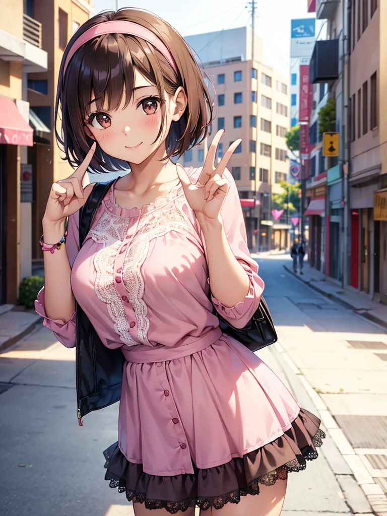  Kampala,cute, Brown Eyes ,Brown Hair,20-year-old woman,solo,Five beautiful fingers, pink blouse with lace ,black miniskirt with lace, pink headband with lace,smile,B Cup, short hair,Looking at the camera,Blurred Background,bustling street,Peace sign facing sideways, landmine fashion,