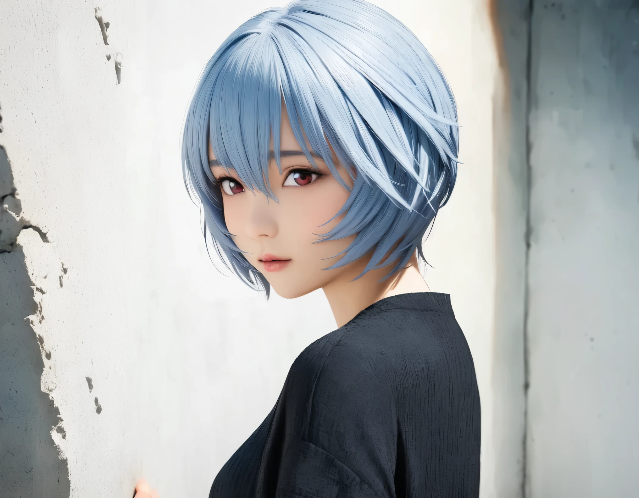 (best quality, 8k, high resolution:1.2), 1girl, ayanami_rei, bare cement, upper body