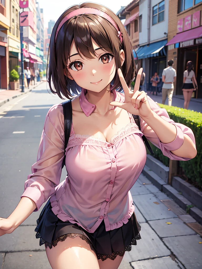  Kampala,cute, Brown Eyes ,Brown Hair,20-year-old woman,solo,Five beautiful fingers, pink blouse with lace ,black miniskirt with lace, pink headband with lace,smile,B Cup, short hair,Looking at the camera,Blurred Background,bustling street, Peace Sign , landmine fashion,