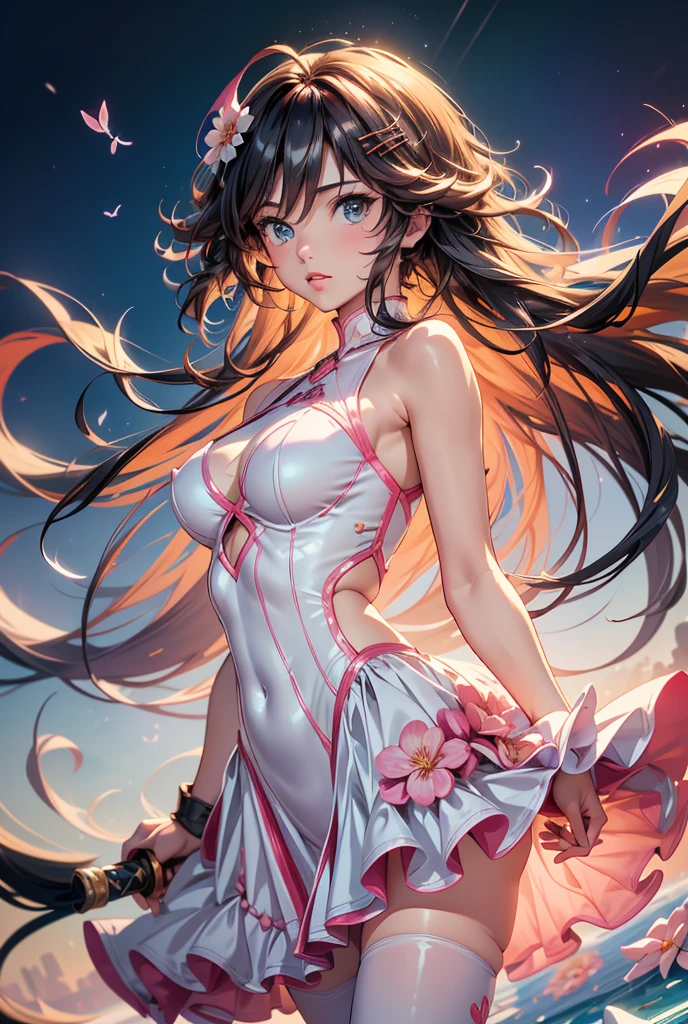 best quality:1.5), (ultra-detailed:1.5), (()), ((best quality)), (high resolution), (illustration), (an extremely delicate and beautiful), (ultra detailed beautiful face and eyes), 1girl, leaning forward sharp focus, ray tracing, 1girl, silky hair, multicolored hair, Whitehair(innercolorCherryblossom )background(sakura tree, day light), eye color(White pink, high definition,)inner eye (sakura),volumetric lightning, super_long_hair、have a weapon(katana)、naked looking_all(score_9:1.2), (score_8_up:1.2), (score_7_up:1.2),solo,Perfect anatomy,(one cute girl:1.3),(Line art:1.3),(Soft atmosphere:1.3),perfect anatomy,(A soft anime-style image capturing a delicate and ephemeral atmosphere),Enhance the anime screencap by adding a watercolor background, further elevating the dreamy and ethereal aesthetic. This scene, now rendered in 16k wallpaper resolution, merges the delicate beauty of the girl with pale skin and natural hair with a soft, lush watercolor landscape.The natural big breast  ,super intricately designed transparent super dress armor and her captivating eyes are set against a backdrop that mimics the fluid, blending colors of a watercolor painting, adding a layer of artistic depth and emotion. The perspective from above at a dutch angle, combined with the watercolor effect, creates a composition that feels like a floating, dream-like world, glowing aura around her are now part of a canvas that blends reality with imagination, inviting the viewer to step into a tranquil world of soft hues and poetic beauty, all encapsulated within a serene, BREAK,(best quality:1.3),(best masterpiece:1.3),(very aesthetic:1.2),(absurdres:1.2),newest,(intricate details:1.2),ai-generated,absurdres extremely detailed CG,depth of field,dynamic angle,dynamic pose、groin、
muscular female, fit, abs, leg muscles, arm muscle、