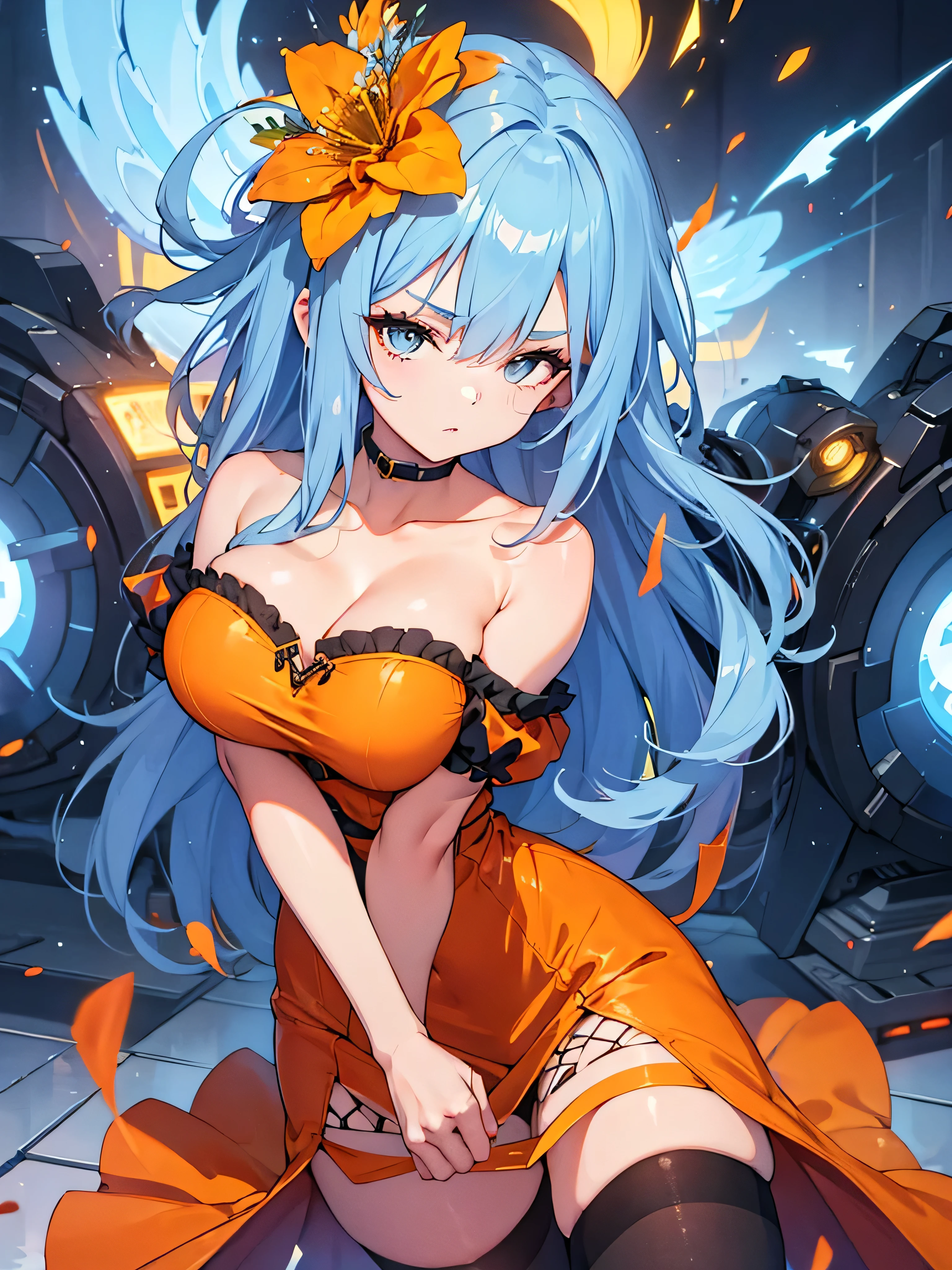 masterpiece, best quality, BREAK, solo, Rocbouquet, Romancing SaGa, BREAK, light blue hair, (golden eyes:1.2), (dark orange short dress), plunging neckline, off-shoulder, cleavage, (thigh gap), black thighhighs, BREAK, (bouncing large breasts with motion lines:1.2)