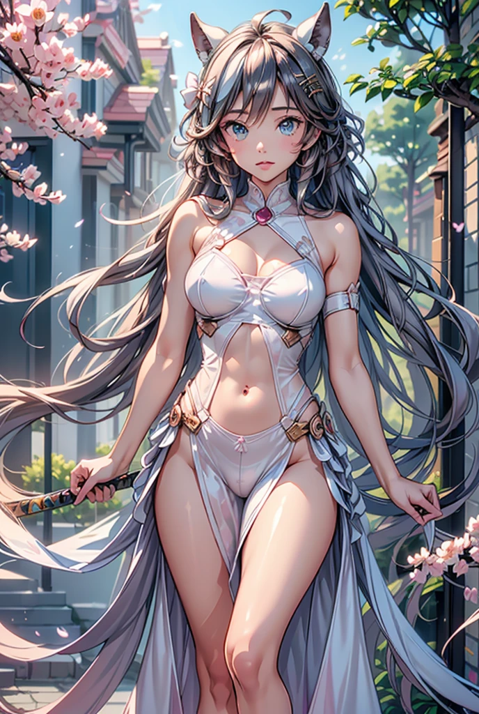 best quality:1.5), (ultra-detailed:1.5), (()), ((best quality)), (high resolution), (illustration), (an extremely delicate and beautiful), (ultra detailed beautiful face and eyes), 1girl, leaning forward sharp focus, ray tracing, 1girl, silky hair, multicolored hair, Whitehair(innercolorCherryblossom )background(sakura tree, day light), eye color(White pink, high definition,)inner eye (sakura),volumetric lightning, super_long_hair、have a weapon(katana)、naked looking_all(score_9:1.2), (score_8_up:1.2), (score_7_up:1.2),solo,Perfect anatomy,(one cute girl:1.3),(Line art:1.3),(Soft atmosphere:1.3),perfect anatomy,(A soft anime-style image capturing a delicate and ephemeral atmosphere),Enhance the anime screencap by adding a watercolor background, further elevating the dreamy and ethereal aesthetic. This scene, now rendered in 16k wallpaper resolution, merges the delicate beauty of the girl with pale skin and natural hair with a soft, lush watercolor landscape.The natural big breast  ,super intricately designed transparent super dress armor and her captivating eyes are set against a backdrop that mimics the fluid, blending colors of a watercolor painting, adding a layer of artistic depth and emotion. The perspective from above at a dutch angle, combined with the watercolor effect, creates a composition that feels like a floating, dream-like world, glowing aura around her are now part of a canvas that blends reality with imagination, inviting the viewer to step into a tranquil world of soft hues and poetic beauty, all encapsulated within a serene, BREAK,(best quality:1.3),(best masterpiece:1.3),(very aesthetic:1.2),(absurdres:1.2),newest,(intricate details:1.2),ai-generated,absurdres extremely detailed CG,depth of field,dynamic angle,dynamic pose、groin、
muscular female, fit, abs, leg muscles, arm muscle、