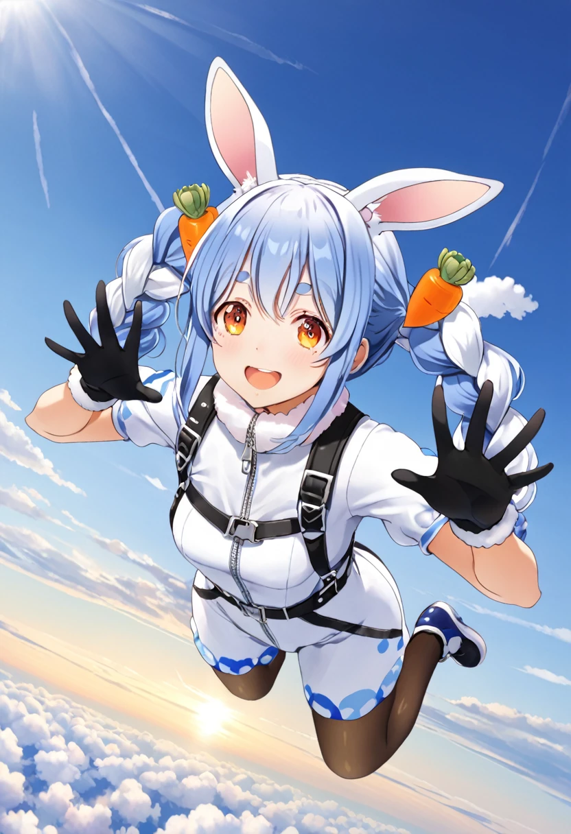 skydiving, Used Pekora, Usada Pekora's costume,sky, horizon ,Autum, BREAK, Pekochan nml,1girl,animal ears,long hair,rabbit ears,gloves,pantyhose,carrot hair ornament,blue hair,hair ornament,food-themed hair ornament,twin braids,animal ear fluff,black gloves,braid,white hair