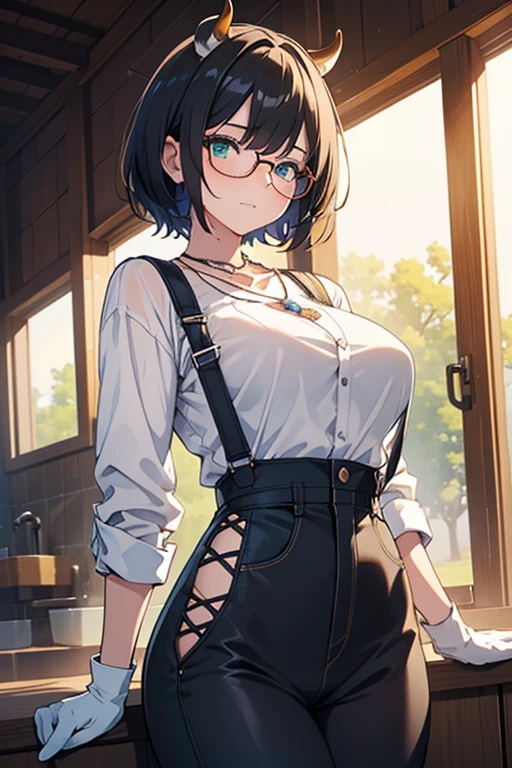 (masterpiece:1.2), best quality, ultra high res, beautiful detailed hair detailed face, perfect feminine face, beautiful detailed eyes, 8k,  Photorealistic, finely detailed beautiful eyes and detailed face cg, (bright colors), (anime), detailed face+eyes, break, a girl, front view, look at view, a girl, (under-rim glasses,wayfarer glasses),black short hair, green eyes, cow ears, cow horns, huge breast:1.2, big thighs, cow tail, sagging breasts、 Slender figure 、Small waist, break, (adjusting eyewear), light blush,clear face, (Half-closed eyes, thinking seriously,slant eyes), long tight blue overalls , Long trousers, shirt formal, (((White shirt))), (bell necklace), (short black gloves), In a farm, sweat, My shirt is wet and transparent