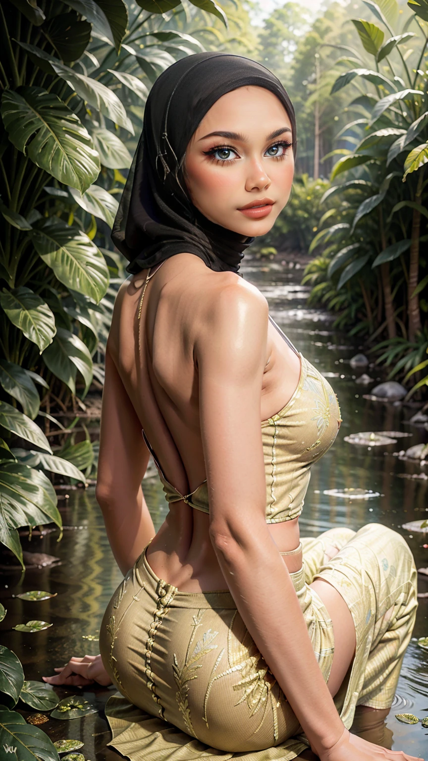 close-up portrait of a beautiful woman with hijab, (((sexy crouching pose))) in a jungle river, pov from above, back view pose, (((wearing Hijab, wearing backless V-Neck colored floral patterned double slit kebaya, batik double slit mini skirt))), tight, pear body shaped, small breast, reeds, (backlight), realistic, masterpiece, high quality, lens reflection, shadow, flower, [[chromatic aberration]], by Jeremy Lipking, by Antonio J. Manzanedo,