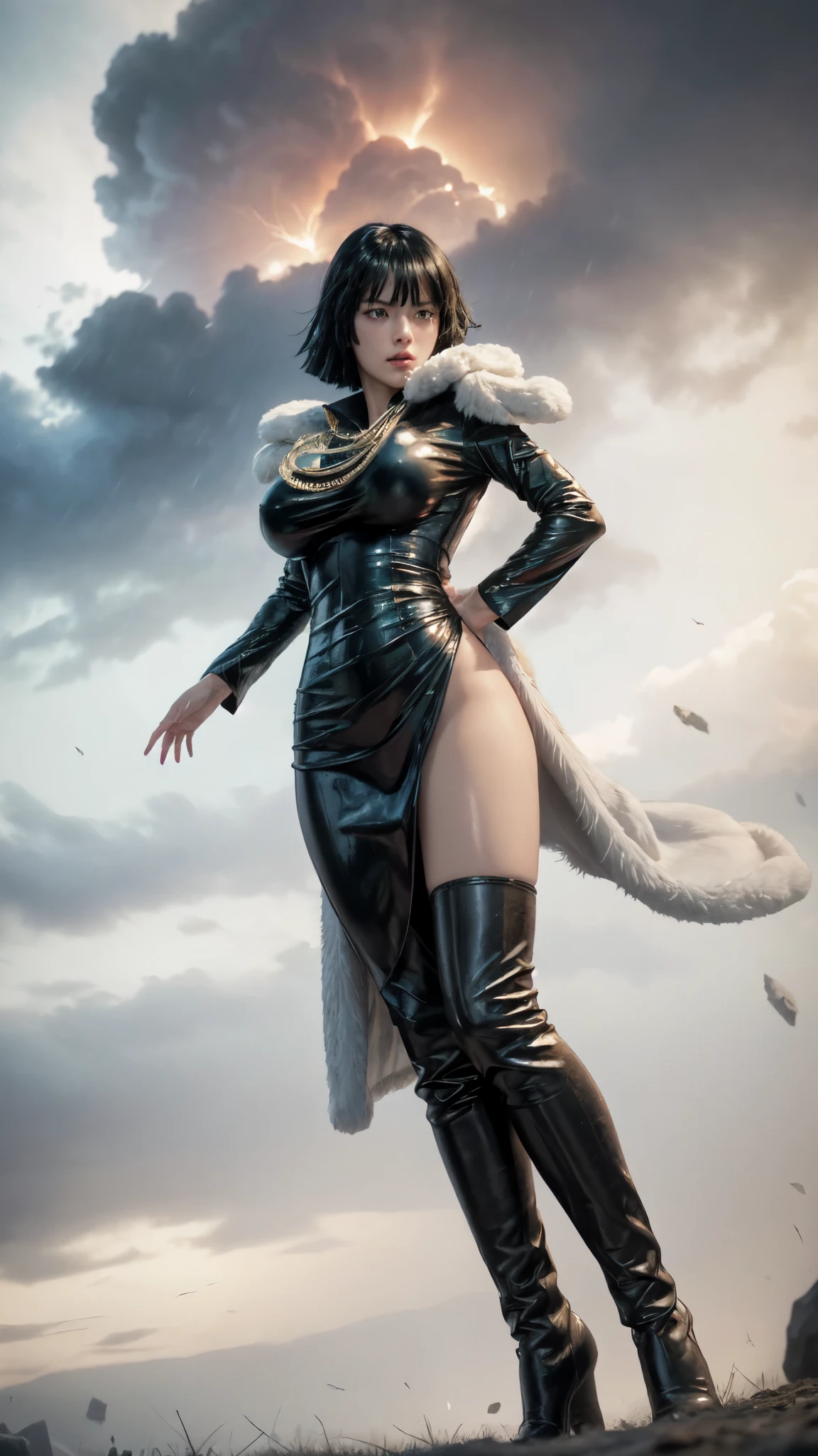 FUBUKI, (BLACK HAIR), Straight hair, STRICT CLOTHES, ((FUR COAT:1.3)), JEWELRY, NECKLACE, long face, short hair, straight hair, (photorealistic:1.2), (masterpiece), ((naked:1.4)), best quality, (face detail:1.4), raw photo, 8k ultra realistic, perfect artwork, ((violent tornado and storm background :1.2)),BREAK, photography,masterpiece, best quality,HDR,high resolution,realistic details,8K,HDR,high resolution,absurd,1girl flying in the air, fubuki,expressionless, ((big breasts:1.4)),masterpiece,ultra realistic,32k,highly detailed 8k unity CG wallpaper, best quality