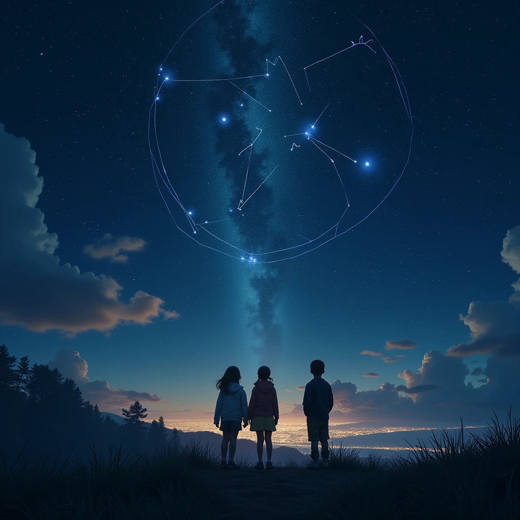 本物の夜空にプラネタリウムのstar座を演出する描写で、満天のstar空、光り輝くstar座表、star々Meridians connecting 、薄くホログラム処理され形作られるstar座、star空を指さす子供達、 observing an astronomical object on a small, pitch-dark hill 、 night view of a small city visible in the distance 、Mysterious、 fantastic、 creates the majesty of the night sky 、A small hill late at night , Official Art,  unity 8k Wallpaper  , Super detailed, beautiful and aesthetic, beautiful, masterpiece,  best quality ,  fantasticな雰囲気 , A calm palette,  Calm atmosphere ,  Soft Shading 