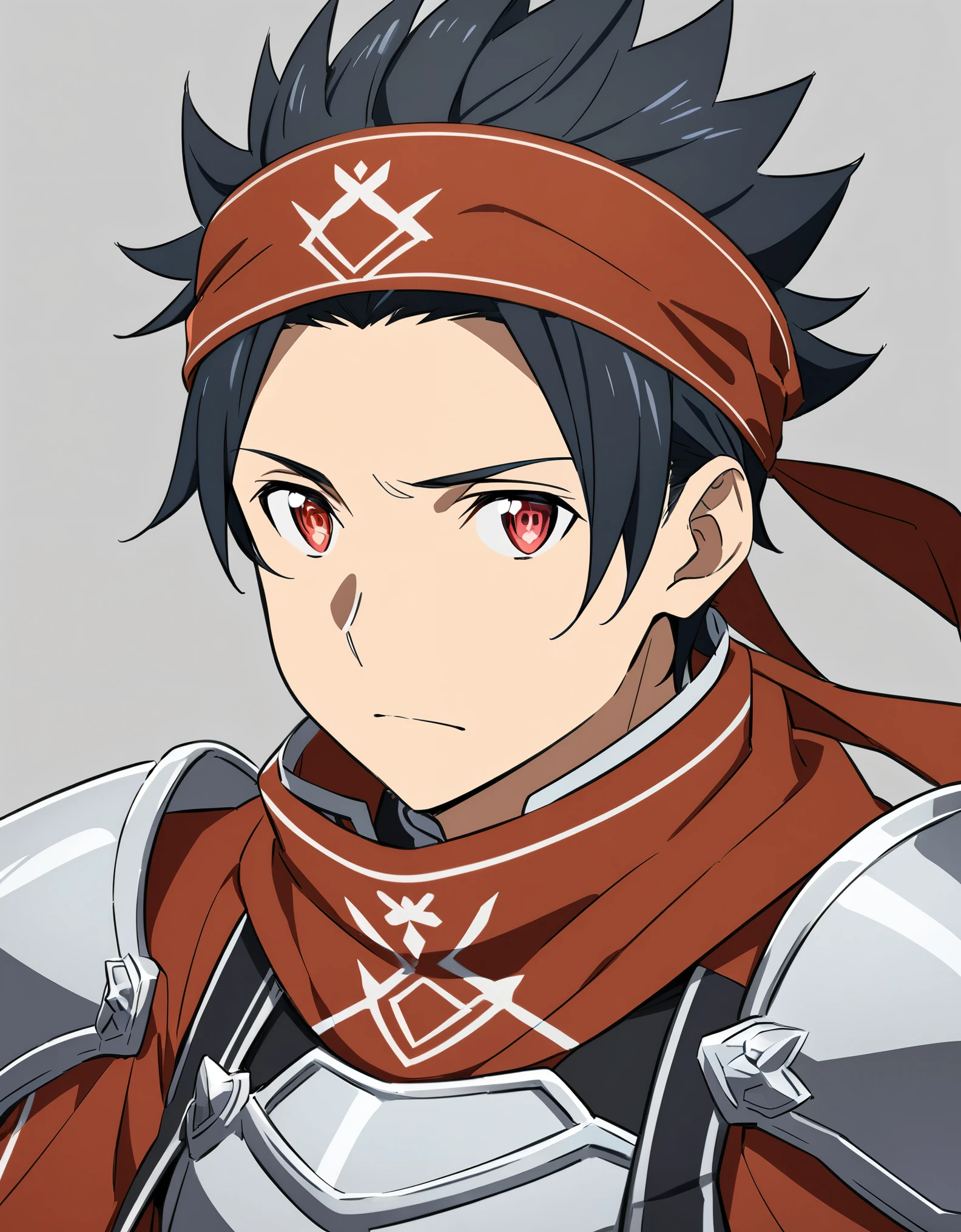 (high-quality, breathtaking),(expressive eyes, perfect face) 1boy, male, solo, portrait, Sword Art Online, Alicization, Symmetrical Eyes, simple background, fantasy outfit, SAO inspired, armor, silver chest plate, sword art online outfit, half body shot, black hair, red eyes, red headband bandana, spiky hair, scarf, spiked up hair, red long sleeved shirt, 
