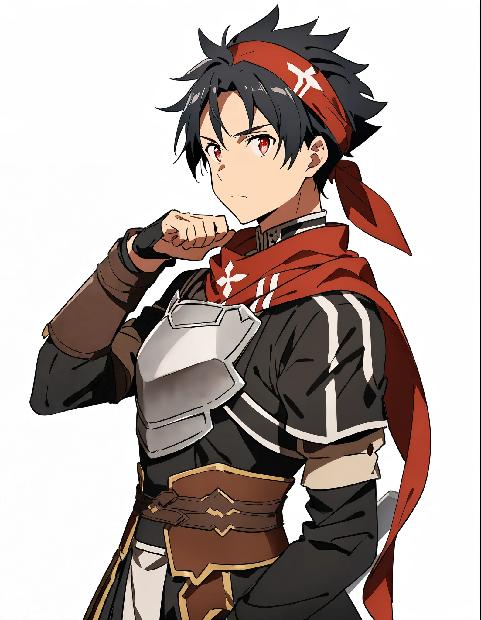 (high-quality, breathtaking),(expressive eyes, perfect face) 1boy, male, solo, portrait, Sword Art Online, Alicization, Symmetrical Eyes, simple background, fantasy outfit, SAO inspired, chest plate, sword art online outfit, half body shot, black hair, red eyes, red headband bandana, spiky hair, scarf, spiked up hair
