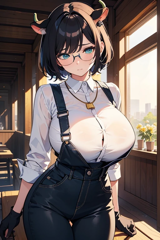 (masterpiece:1.2), best quality, ultra high res, beautiful detailed hair detailed face, perfect feminine face, beautiful detailed eyes, 8k,  Photorealistic, finely detailed beautiful eyes and detailed face cg, (bright colors), (anime), detailed face+eyes, break, a girl, front view, look at view, a girl, (under-rim glasses,wayfarer glasses),black short hair, green eyes, cow ears, cow horns, huge breast:1.2, big thighs, cow tail, sagging breasts、 Slender figure 、Small waist, break, (adjusting eyewear), light blush,clear face, (Half-closed eyes, thinking seriously,slant eyes), long tight blue overalls , Long trousers, shirt formal, (((White shirt))), (bell necklace), (short black gloves), In a farm, sweat, My shirt is wet and transparent