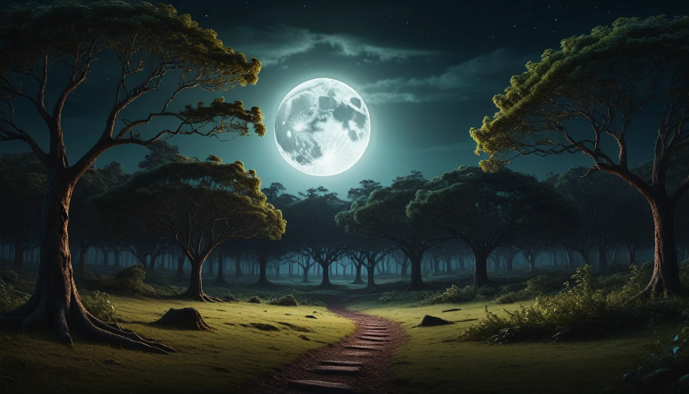 a mysterious dark forest with a giant full moon, detailed moonlit landscape, dramatic lighting, cinematic composition, moody atmosphere, highly detailed, photorealistic, 8k, (best quality,4k,8k,highres,masterpiece:1.2),ultra-detailed,(realistic,photorealistic,photo-realistic:1.37),dramatic moonlight,dense foliage,ancient trees,dramatic shadows,mystical woodland,spooky forest,beautiful night sky,glowing moon,intricate details,vibrant colors,magical realism