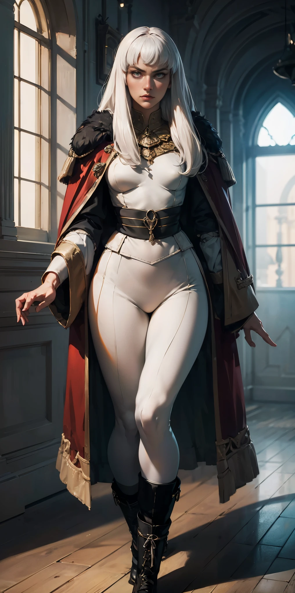 A woman with long platinum blonde hair, choppy bangs, arched crescent eyebrows, sharp and determined eyes, a delicate oval face, a serious expression, a fantasy-style dark green military coat, draped with a dark red waist-length cloak, military trousers, leather combat boots, silver greaves leggings, one hand on her hip, standing in a spacious training ground, this character embodies a finely crafted fantasy-style female military officer in anime style, exquisite and mature manga art style, pale skin, high definition, best quality, high res, ultra-detailed, ultra-fine painting, extremely delicate, professional, perfect body proportions, golden ratio, anatomically correct, symmetrical face, extremely detailed eyes and face, high quality eyes, creativity, RAW photo, UHD, 32k, Natural light, cinematic lighting, masterpiece-anatomy-perfect, masterpiece:1.5