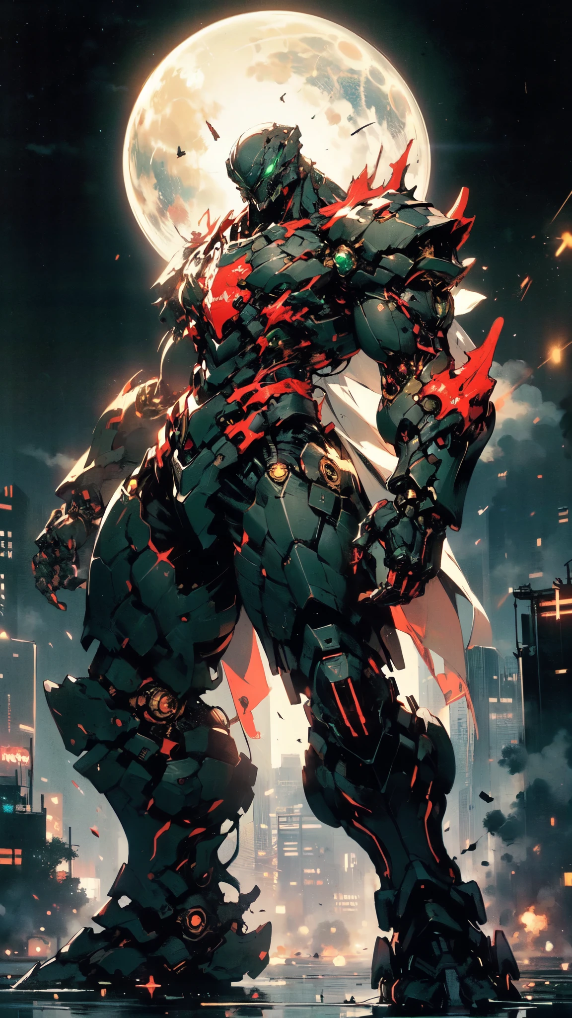 (masterpiece:1.5, best quality:1.5, extremely delicate:1.5, dynamic angle:1.5), ((male:1.5)), Biomimetic humanoid Mecha, green eyes, fully enclosed shoulder guards, matching arm and leg guards, gemstone, full body, full armor, the design balances heavy with agility, organic biotech armor, (the color scheme is primarily Golden and Black with Red and Green accents, concept Inspired by Godzilla, glowing eyes, the armor glows), standing, floating high above the futuristic sci-fi city, a finely crafted Super robot in anime style, exquisite and mature art style, metallic, dramatic, high definition, highres, ultra-detailed, ultra-fine painting, professional, anatomically correct, symmetrical face, extremely detailed eyes and face, high quality eyes, creativity, RAW photo, UHD, 32k, Natural light, cinematic lighting, (masterpiece-anatomy-perfect:1.2)